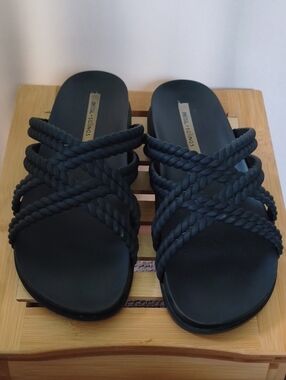 Melissa + Salinas Black Braided Cross-Strap Slide Sandals Size USA 38
